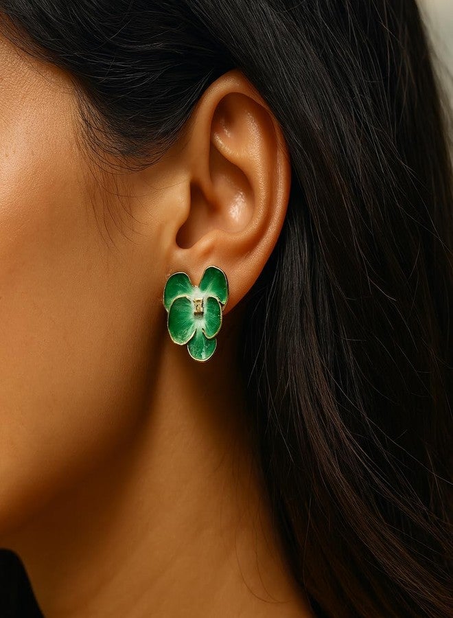 ZENCHEER Butterfly Orchid Clip On Earrings for Women, Dainty Trendy Flower Petal Dangle Drop Earrings Rhinestone Stud Earrings for Non Pierced Ears Jewelry Gift, Green - Image 2